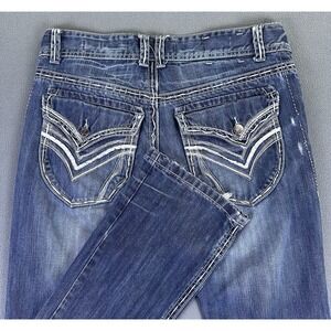 Division E Jeans 32x32 Bootcut Embroidered Stitch Distressed Flap Pocket Y2K